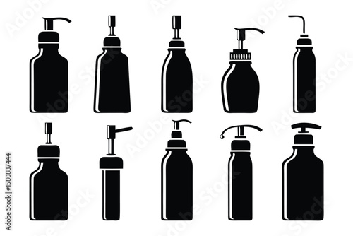Collection of black and white icons representing various pump dispenser bottles and containers for liquids and cosmetics