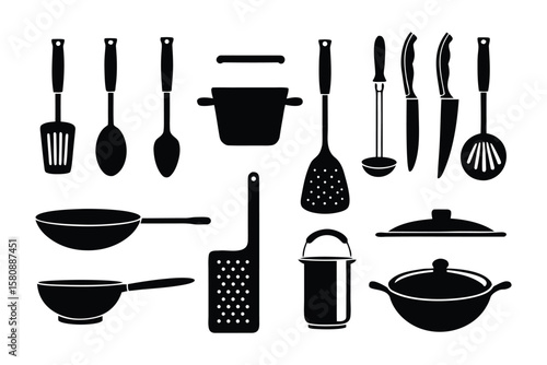 A collection of black silhouette icons representing various kitchen utensils and cookware perfect for culinary themes and design projects