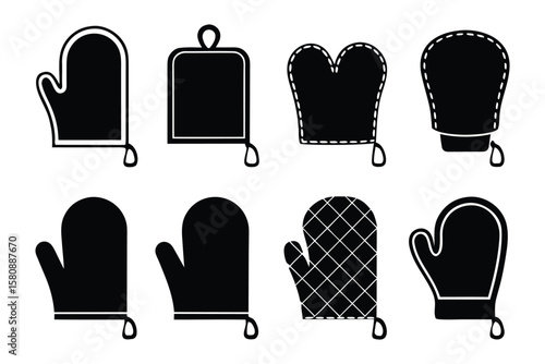 A collection of eight black silhouette icons representing various oven mitt designs and styles for kitchen safety and cooking