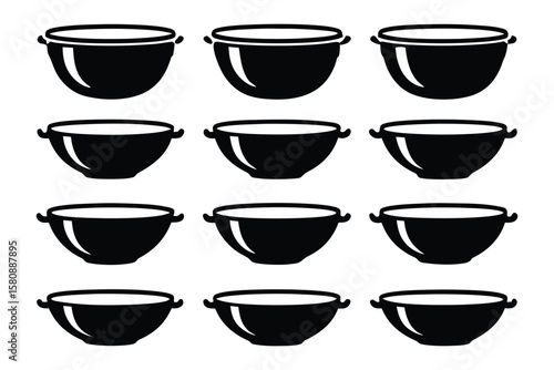 A grid of twelve identical black silhouette icons depicting open top cooking pots with handles on a white background