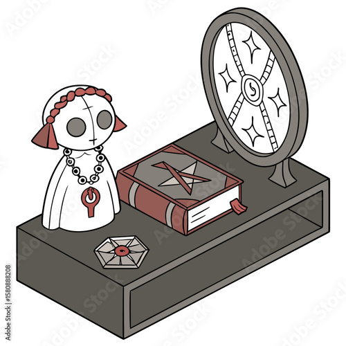 A stylized illustration of a doll wearing a necklace with a key symbol a spellbook with a pentagram a circular divination tool and a hexagram on a shelf