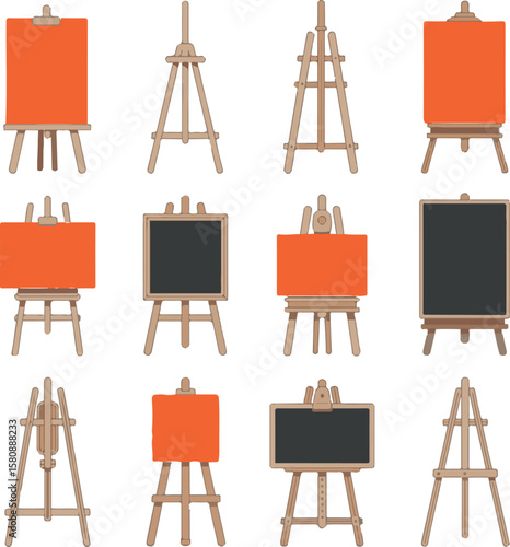 Wooden easels with orange and black display boards vector