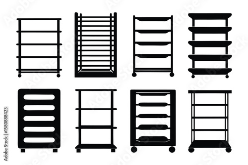 Collection of black silhouette icons representing various types of shelving units and storage carts with different shelf configurations and mobility options