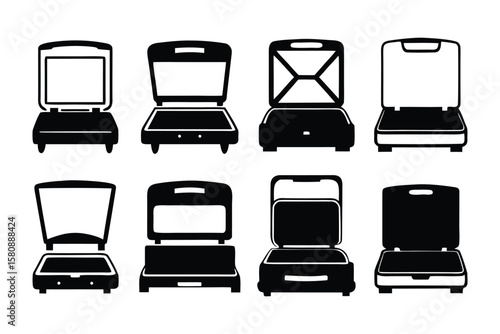 Collection of eight black and white silhouette icons representing different types of open and closed sandwich makers and grills