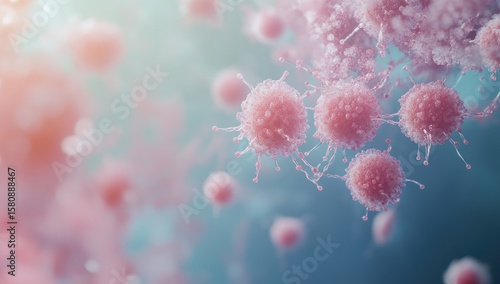 Close-up view of pink cells, cellular structures,  floating in a soft gradient of teal and light pink