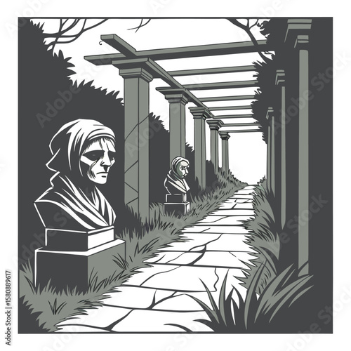 A stone pathway leads through a classical garden lined with ancient busts and a grand pergola casting dramatic shadows on a bright day