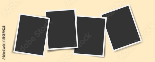 Vector illustration with four empty vertical photo frames scattered and overlapping. Beige backdrop, realistic shadows. Perfect for storytelling blog visual, gallery mockup, memory books, family album