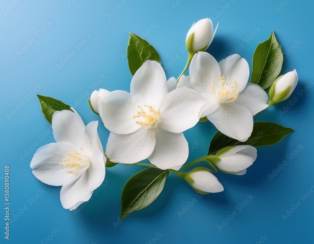 Fototapeta premium white jasmine on smooth blue background with elegant calm tones ideal for wellness spa or skincare branding visuals
