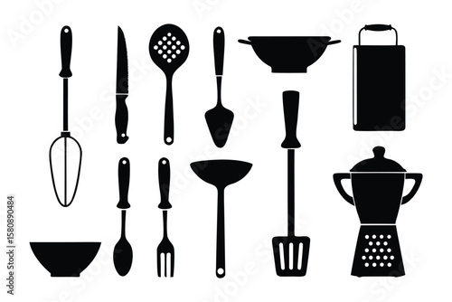 A collection of black silhouettes of various kitchen utensils and cooking tools displayed against a white background