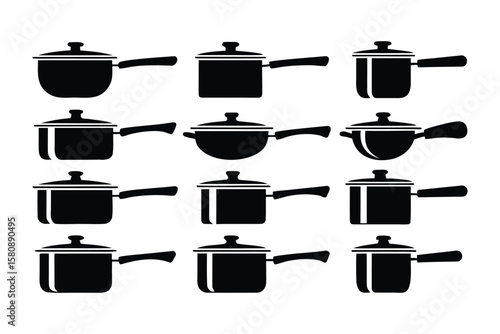 Cooking Pot Icons: A set of twelve monochrome cooking pot icons, showcasing various sizes and shapes suitable for culinary websites or apps.