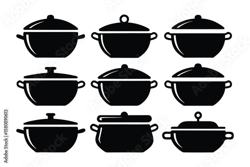 Pots and Pans Silhouettes: A collection of sleek, black silhouettes of various pots and pans, perfect for culinary, cooking, and kitchen-themed projects.