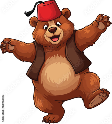 Happy cartoon bear dancing cheerfully in a traditional red fez