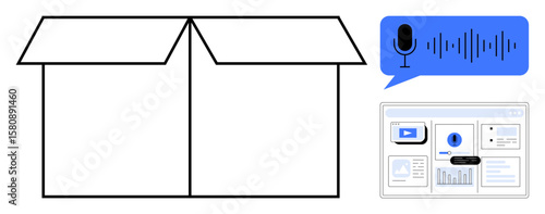 Open cardboard box next to tech dashboard and microphone icon with sound waves. Ideal for innovation, technology, productivity, communication, digital tools, modernization, creative thinking. Simple