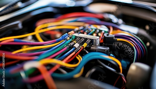 Close-up view of colorful car wiring harness