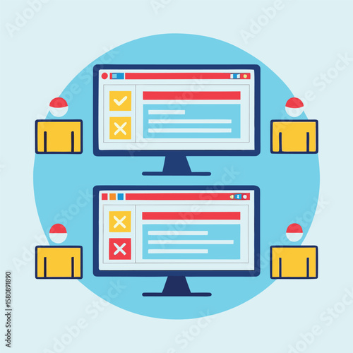 Illustration of software developers collaborating on a project using technology