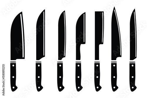 Culinary Precision: A stark, bold, black silhouette of various kitchen knives, each meticulously crafted for a specific culinary task, representing the artistry and precision of cooking.