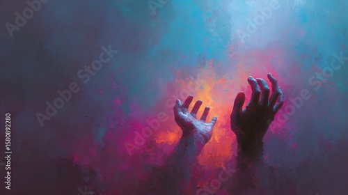 Abstract Art Vibrant Digital Background Dark Hands Reaching Color Light
