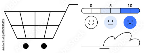 Shopping cart beside satisfaction scale with happy faces expressing emotions from happy to sad. Ideal for e-commerce, feedback, analytics, customer experience, decision-making, retail, marketing