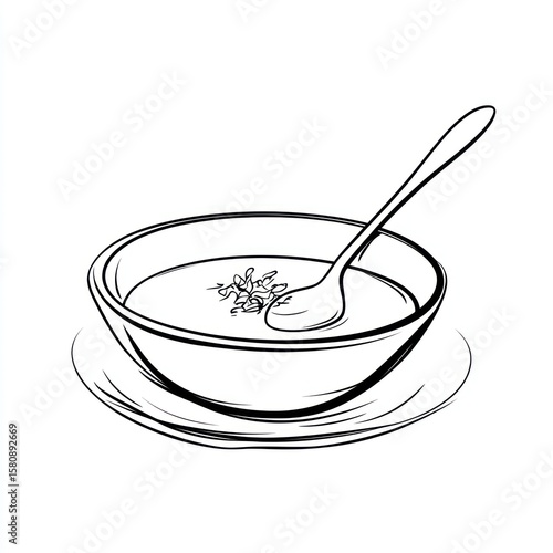 Hand-drawn illustration of soup in a bowl with spoon