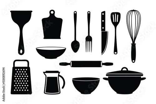 Kitchen Essentials Silhouette: A monochromatic illustration of kitchen tools, perfect for culinary and cooking-related concepts. Featuring a range of utensils from a whisk to a chopping board.