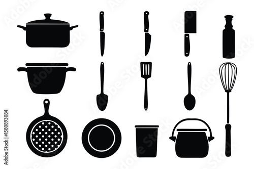 A collection of black silhouette icons representing various kitchen utensils and cookware items arranged in a grid against a white background