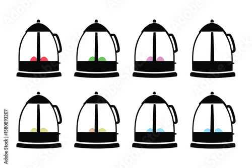 Eight stylized black french press coffee makers each containing two colorful rounded shapes representing coffee beans or pods in various shades