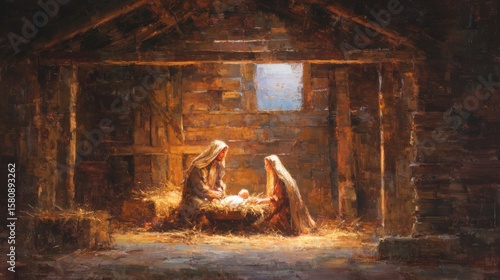 Nativity Scene Holy Family Baby Jesus Painting Art