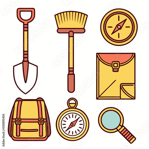Charming cartoon archaeology illustration featuring excavation and artifacts