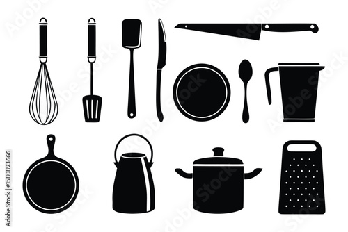A collection of black silhouette kitchen utensils and cookware including a whisk spatula knife plate spoon pitcher cutting board milk can pot and grater