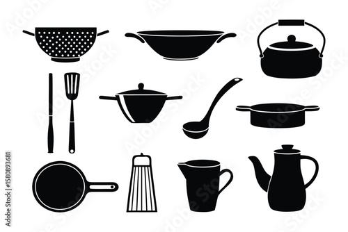 A collection of black silhouette icons representing various kitchen utensils and cookware items for food preparation and serving