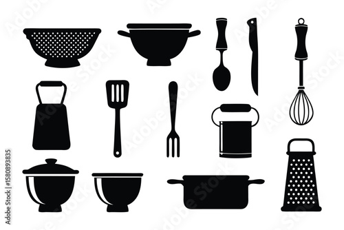 Culinary Essentials: Black and white silhouettes of kitchen tools and cooking utensils, presenting an uncluttered, elegant display of culinary equipment, perfect for illustrating cooking, gastronomy.