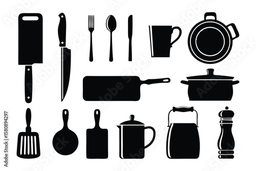 A collection of black silhouetted kitchen utensils and cookware including knives forks spoons pots pans and a pepper grinder