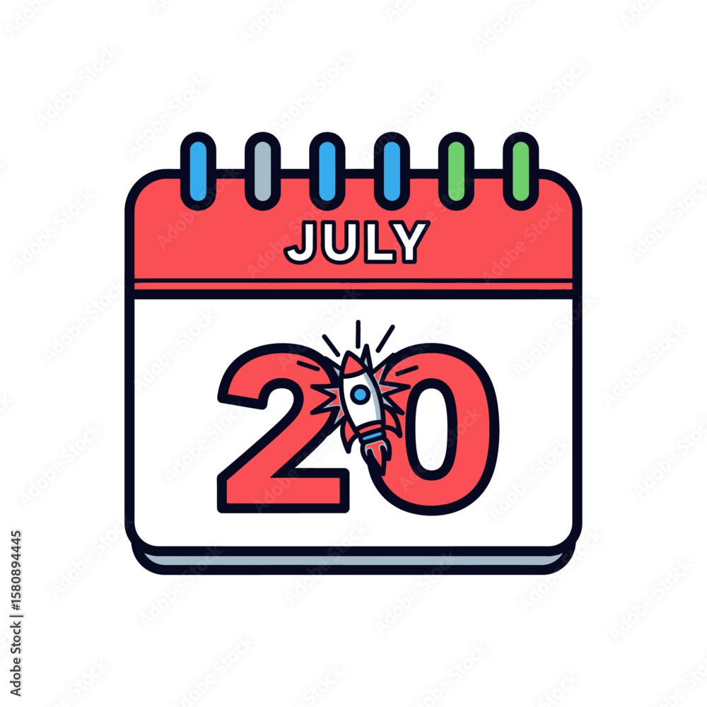 Naklejka premium A calendar page shows July 20th with a rocket ship launching from the number