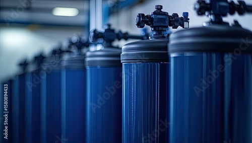 Row of blue water filtration tanks