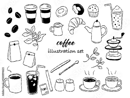 手描きテイストなコーヒーやカフェのイラストセット(モノクロ線画)