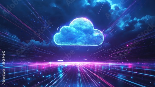 A glowing digital cloud icon hovers in a futuristic data landscape with neon blue and purple light streaks and a starry sky background.