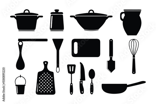 A collection of black silhouette icons representing various kitchen utensils and cookware items on a white background