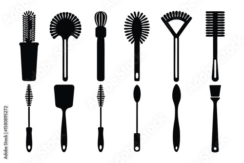 A collection of black silhouettes of various cleaning brushes and utensils arranged in two rows on a white background