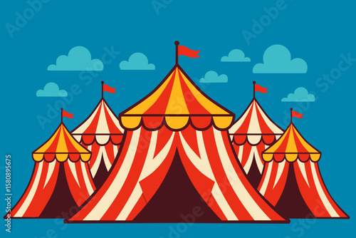 vector illustration of a circus scene featuring five red and white striped tents with yellow tops and red flags, arranged symmetrically with a large central tent and four smaller side tents