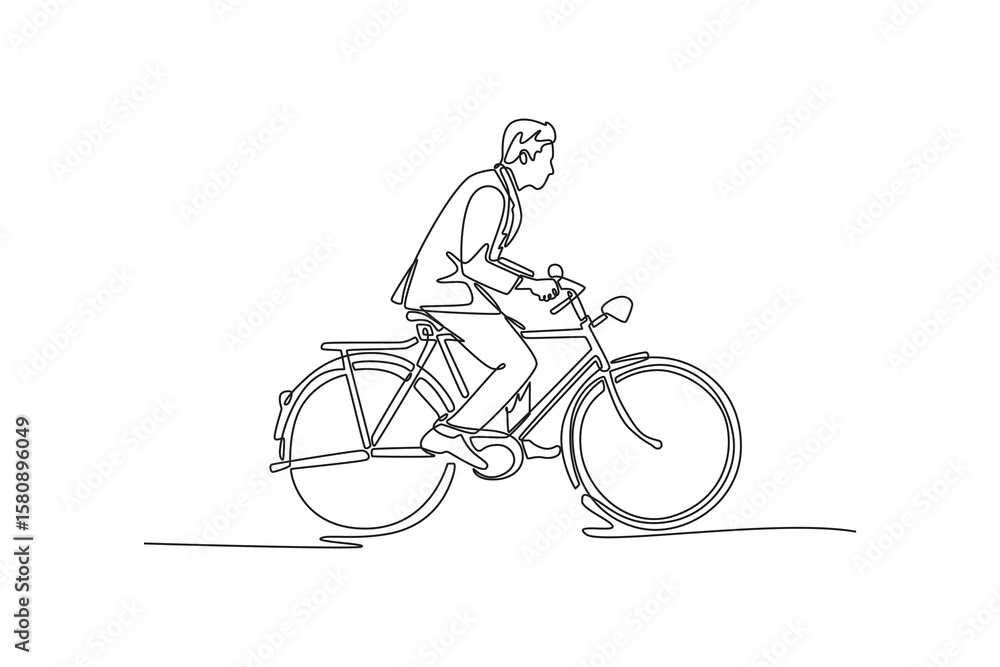 Obraz premium Continuous one line drawing side view stylish businessman going to work by bike. Male worker go to work office with his bicycle. Healthy lifestyle. Single line draw design vector graphic illustration