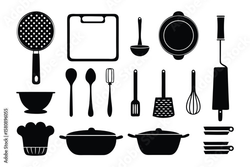 A collection of essential kitchen utensils and cookware including pots pans whisks spoons ladles a colander a chef s hat and a rolling pin