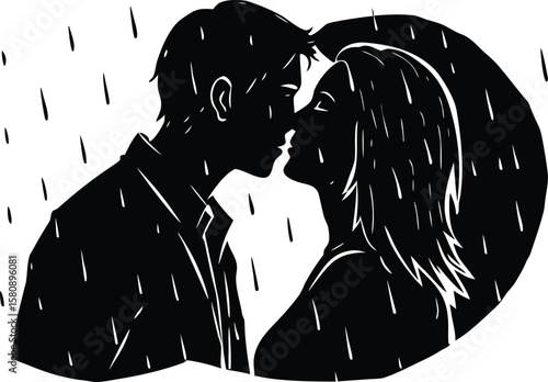  a passionate kiss inmheavy rain silhouette vector illustration