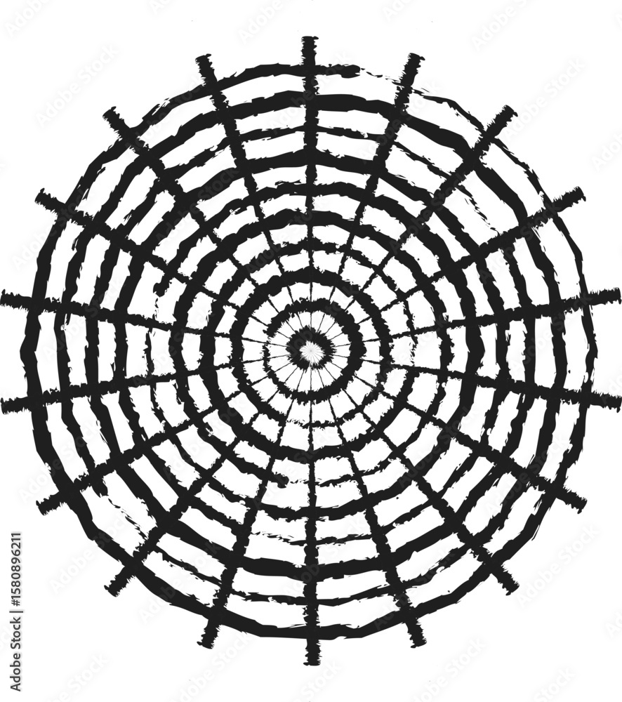 Obraz premium Abstract black ink radial pattern resembling a spider web or target on white background
