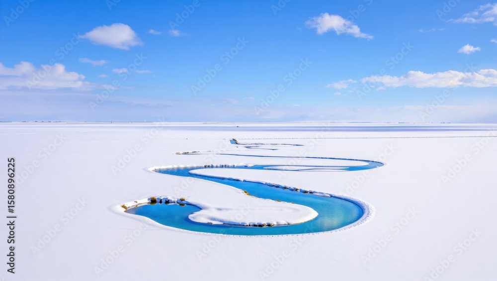 Obraz premium Aerial View of a Winding River Flowing Through a Snow-Covered Landscape Illustrates the Contrast Between Water and Ice in a Winter Wonderland