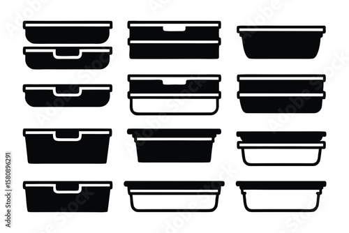 Collection of stylized black and white icons representing various food storage containers with lids showcasing different shapes and sizes for organization
