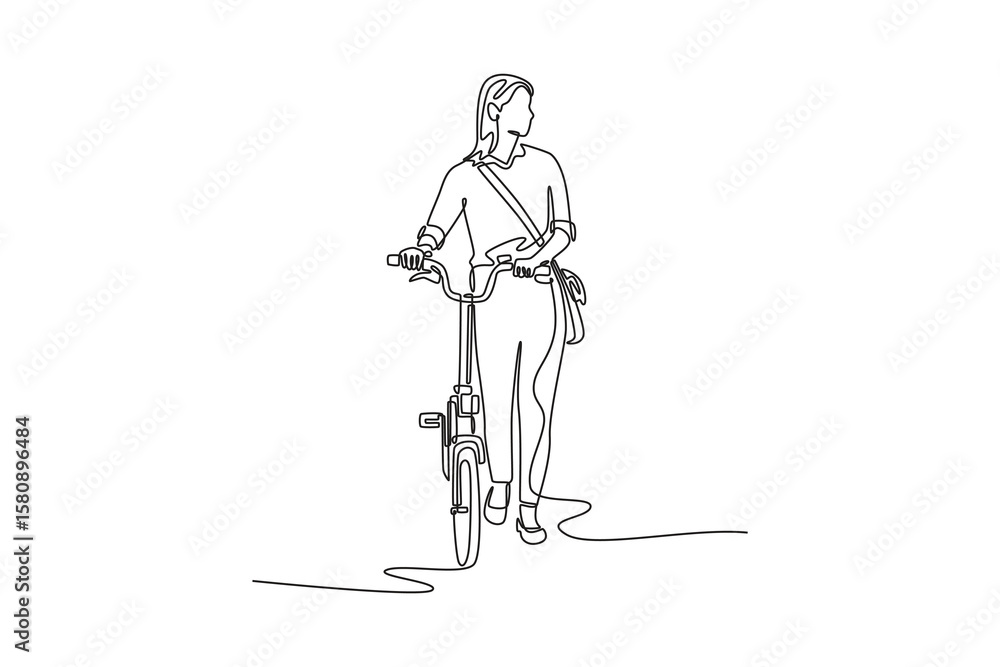 Obraz premium Continuous one line drawing beautiful female worker with briefcase posing next to her bicycle. Eco friendly transport and healthy active lifestyle. Single line draw design vector graphic illustration