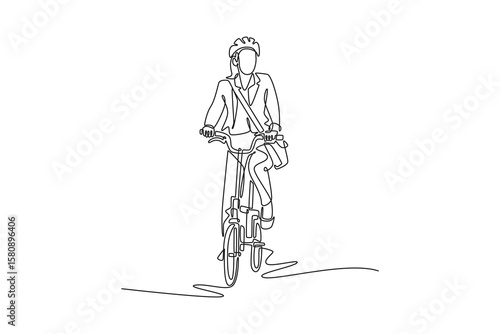 Continuous one line drawing attractive female employee with briefcase looking into distance, while driving home by her bicycle. Eco commute concept. Single line draw design vector graphic illustration