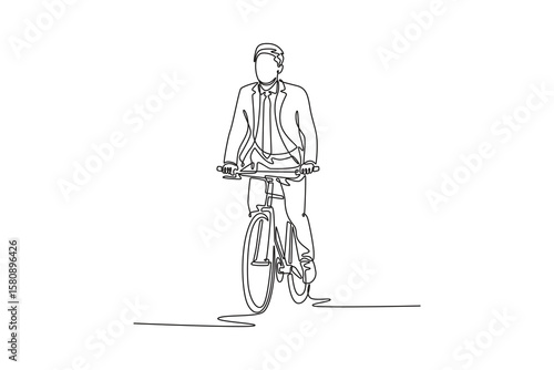 Continuous one line drawing joyful businessman standing on his bike, getting ready to start moving. Attractive male employee looking into distance. Single line draw design vector graphic illustration
