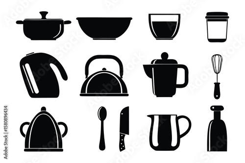 A collection of black and white silhouette icons representing various kitchen and dining utensils and appliances for everyday use