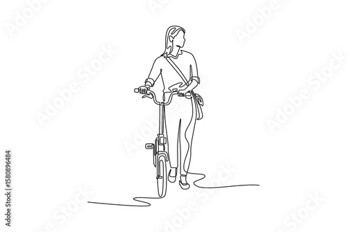 Continuous one line drawing beautiful female worker with briefcase posing next to her bicycle. Eco friendly transport and healthy active lifestyle. Single line draw design vector graphic illustration